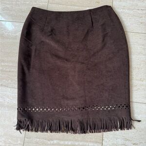 Bloomingdale's Tahari Chocolate Fringe Pencil Skirt Vegan Suede